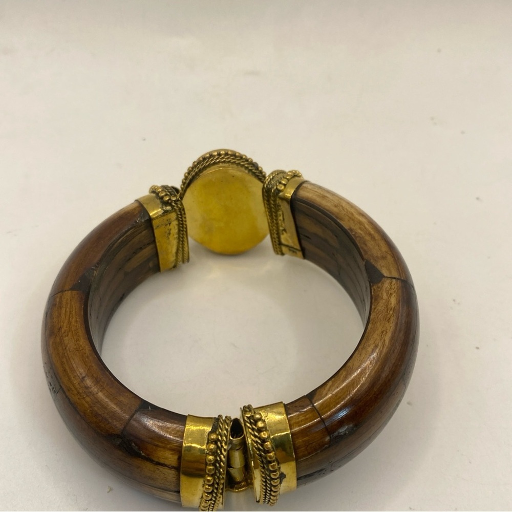 Southwest Turquoise Hinged Wooden Cuff Brass, Bracelet 7” - Picture 4 of 7
